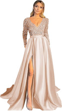 Load image into Gallery viewer, Prom Dress 2023 with Slit Long Sleeves Sequin V Neck Sparkly Satin Corset Back