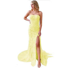 Load image into Gallery viewer, Elegant Prom Dress 2023 Strapless Lace Appliques Mermaid Tulle Long with Slit