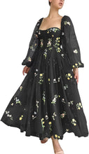Load image into Gallery viewer, Puffy Prom Dress 2023 Square Neck Long Sleeves Floral Embroidery Tulle Corset Back
