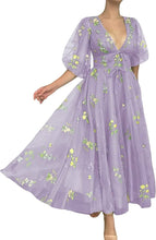 Load image into Gallery viewer, Puffy Prom Dress 2023 V Neck Half Sleeves Floral Embroidery Tulle Corset Back with Bow(s)