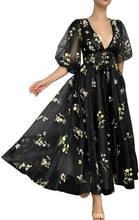 Load image into Gallery viewer, Puffy Prom Dress 2023 V Neck Half Sleeves Floral Embroidery Tulle Corset Back with Bow(s)