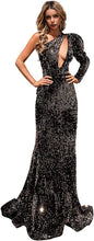 Load image into Gallery viewer, Women's Sequin Prom Dress 2023 Sexy One Shoulder Mermaid Long Sleeve Sparkly