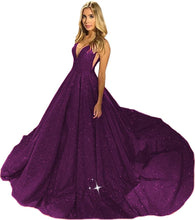 Load image into Gallery viewer, Women's Glitter Satin Prom Dresses 2023 V Neck Sleeveless Lace Up Back
