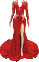 Load image into Gallery viewer, Women's Prom Dress 2023 Long Sleeves Plunging Neck Mermaid Jersey with Slit