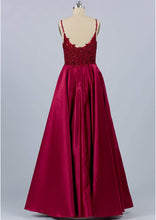 Load image into Gallery viewer, Burgundy Prom Dress 2023 Embroidery Satin with Pockets