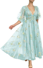 Load image into Gallery viewer, Puffy Prom Dress 2023 V Neck Half Sleeves Floral Embroidery Tulle Corset Back with Bow(s)