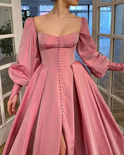 Load image into Gallery viewer, Puffy Prom Dress 2023 A-line Sweetheart Neck High Side Split Long Sleeves Satin Corset Back