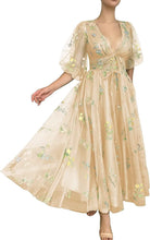 Load image into Gallery viewer, Puffy Prom Dress 2023 V Neck Half Sleeves Floral Embroidery Tulle Corset Back with Bow(s)