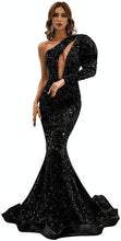 Load image into Gallery viewer, Women's Sequin Prom Dress 2023 Sexy One Shoulder Mermaid Long Sleeve Sparkly