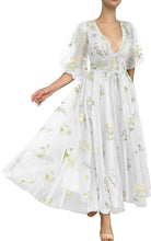 Load image into Gallery viewer, Puffy Prom Dress 2023 V Neck Half Sleeves Floral Embroidery Tulle Corset Back with Bow(s)