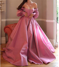 Load image into Gallery viewer, Puffy Prom Dress 2023 A-line Sweetheart Neck High Side Split Long Sleeves Satin Corset Back