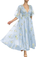 Load image into Gallery viewer, Puffy Prom Dress 2023 V Neck Half Sleeves Floral Embroidery Tulle Corset Back with Bow(s)