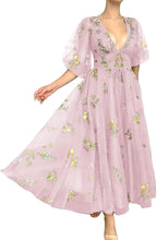 Load image into Gallery viewer, Puffy Prom Dress 2023 V Neck Half Sleeves Floral Embroidery Tulle Corset Back with Bow(s)