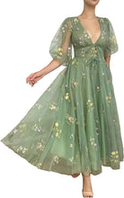 Load image into Gallery viewer, Puffy Prom Dress 2023 V Neck Half Sleeves Floral Embroidery Tulle Corset Back with Bow(s)