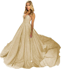 Load image into Gallery viewer, Women's Glitter Satin Prom Dresses 2023 V Neck Sleeveless Lace Up Back