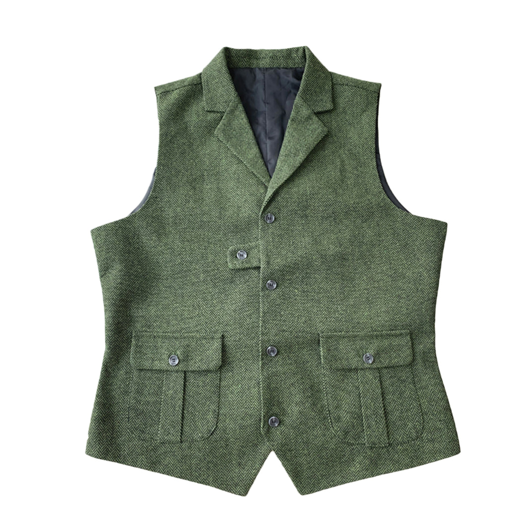 Green Herringbone Tweed Men's Vest for Wedding Party Formal Casual Waistcoat