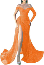 Load image into Gallery viewer, Prom Dresses 2023 Off the Shoulder Long Sleeve Sequin High Slit Corset Back