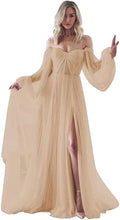 Load image into Gallery viewer, Women's Puffy Long Sleeve Prom Dress 2023 Tulle Wedding Dress for Bride with Slit Corset Back