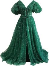 Load image into Gallery viewer, Sparkle Prom Dress 2023 Starry Tulle Puffy Sleeve with Split Corset Back
