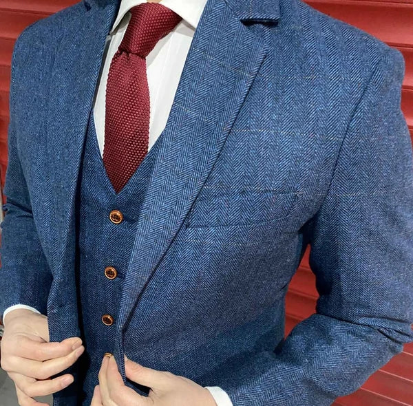 Men's Suit Wool Blue Herringbone 3 Piece Jacket Pants Vest Wedding Suits for Groomsmen