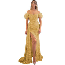Load image into Gallery viewer, Long Prom Dress 2023 Mermaid Feather Corset Back Off the Shoulder Sequin with Slit