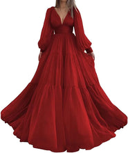 Load image into Gallery viewer, Long Puffy Sleeve Prom Dress 2023 V Neck A-Line Tulle Corset Back