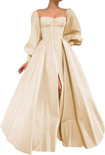 Load image into Gallery viewer, Puffy Prom Dress 2023 A-line Sweetheart Neck High Side Split Long Sleeves Satin Corset Back