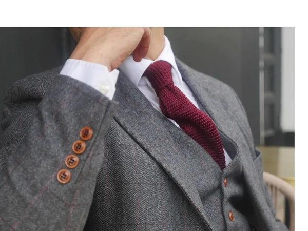 Wool Retro Grey Herringbone Tweed British Style Men's Suit Regular Fit Blazer Wedding Suits for Men 3 Pieces
