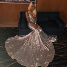 Load image into Gallery viewer, Sliver Prom Dress 2023 Black Girls Slay Sequin V Neck Spaghetti Straps