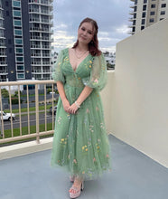 Load image into Gallery viewer, Puffy Prom Dress 2023 V Neck Half Sleeves Floral Embroidery Tulle Corset Back with Bow(s)