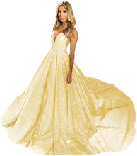 Load image into Gallery viewer, Women's Glitter Satin Prom Dresses 2023 V Neck Sleeveless Lace Up Back