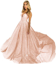 Load image into Gallery viewer, Women's Glitter Satin Prom Dresses 2023 V Neck Sleeveless Lace Up Back