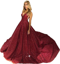 Load image into Gallery viewer, Women's Glitter Satin Prom Dresses 2023 V Neck Sleeveless Lace Up Back