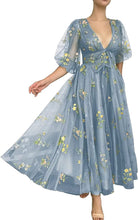 Load image into Gallery viewer, Puffy Prom Dress 2023 V Neck Half Sleeves Floral Embroidery Tulle Corset Back with Bow(s)