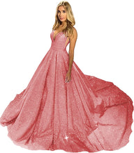 Load image into Gallery viewer, Women's Glitter Satin Prom Dresses 2023 V Neck Sleeveless Lace Up Back