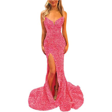 Load image into Gallery viewer, Sexy Prom Dress 2023 Sequin Mermaid V Neck Long with High Slit Sparkly Corset Back