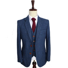 Load image into Gallery viewer, Men's Suit Wool Blue Herringbone 3 Piece Jacket Pants Vest Wedding Suits for Groomsmen