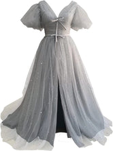 Load image into Gallery viewer, Sparkle Prom Dress 2023 Starry Tulle Puffy Sleeve with Split Corset Back