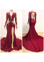 Load image into Gallery viewer, Red Prom Dress 2023 Plunging Neck with Long Sleeves with Slit