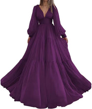 Load image into Gallery viewer, Long Puffy Sleeve Prom Dress 2023 V Neck A-Line Tulle Corset Back