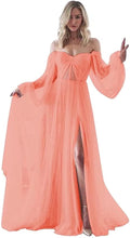Load image into Gallery viewer, Women's Puffy Long Sleeve Prom Dress 2023 Tulle Wedding Dress for Bride with Slit Corset Back