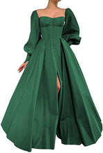 Load image into Gallery viewer, Puffy Prom Dress 2023 A-line Sweetheart Neck High Side Split Long Sleeves Satin Corset Back