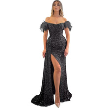 Load image into Gallery viewer, Long Prom Dress 2023 Mermaid Feather Corset Back Off the Shoulder Sequin with Slit