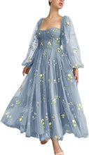 Load image into Gallery viewer, Puffy Prom Dress 2023 Square Neck Long Sleeves Floral Embroidery Tulle Corset Back