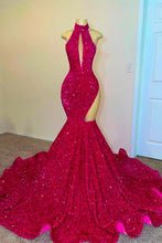 Load image into Gallery viewer, Hot Pink Prom Dress 2023 Halter Neck Sequin Hollow