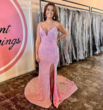 Load image into Gallery viewer, Sexy Prom Dress 2023 Sequin Mermaid V Neck Long with High Slit Sparkly Corset Back