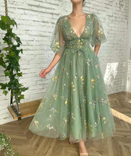 Load image into Gallery viewer, Puffy Prom Dress 2023 V Neck Half Sleeves Floral Embroidery Tulle Corset Back with Bow(s)