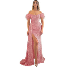 Load image into Gallery viewer, Long Prom Dress 2023 Mermaid Feather Corset Back Off the Shoulder Sequin with Slit