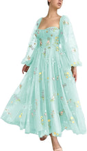 Load image into Gallery viewer, Puffy Prom Dress 2023 Square Neck Long Sleeves Floral Embroidery Tulle Corset Back