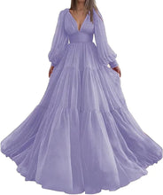 Load image into Gallery viewer, Long Puffy Sleeve Prom Dress 2023 V Neck A-Line Tulle Corset Back